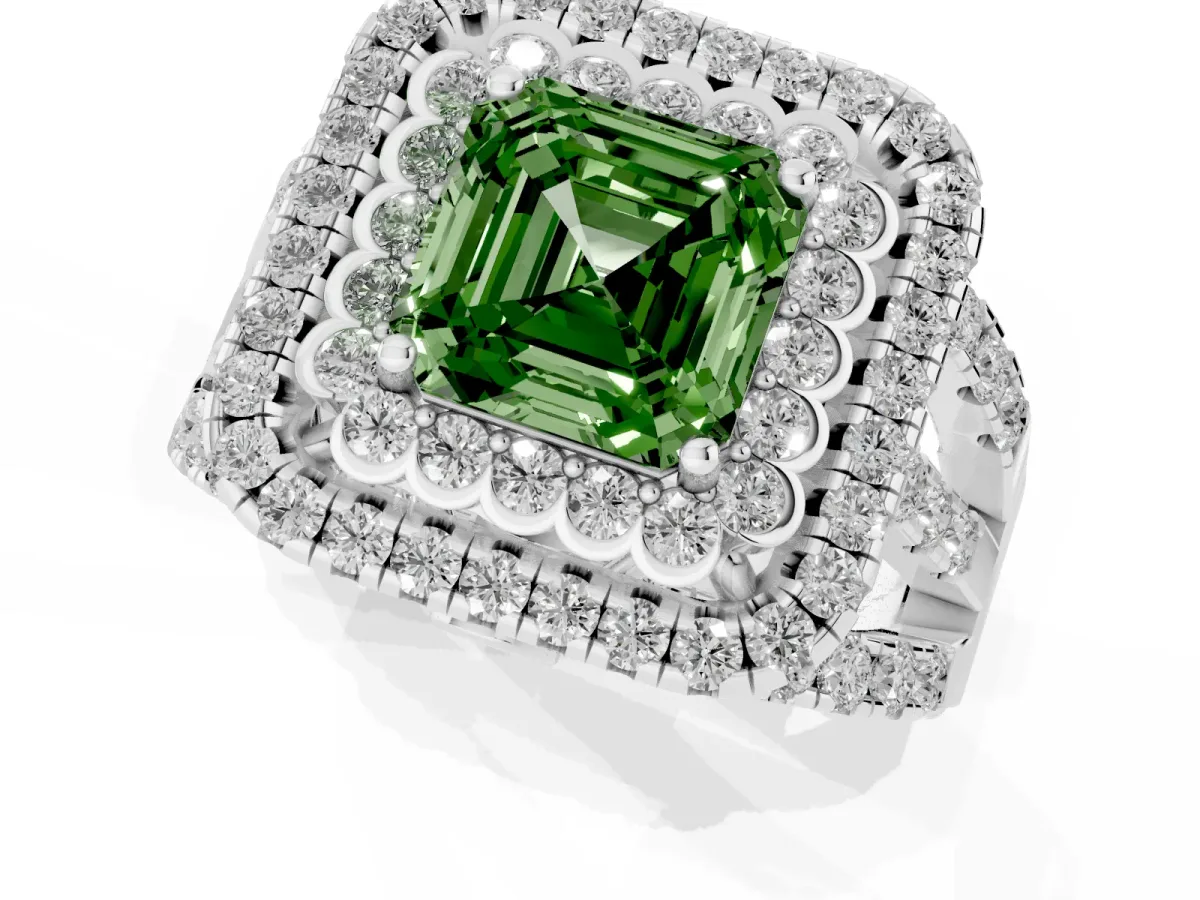 Fancy Green Asscher Cut Diamond Double Halo Ring with Round Pavé Split Shank and Prong Setting Silver
