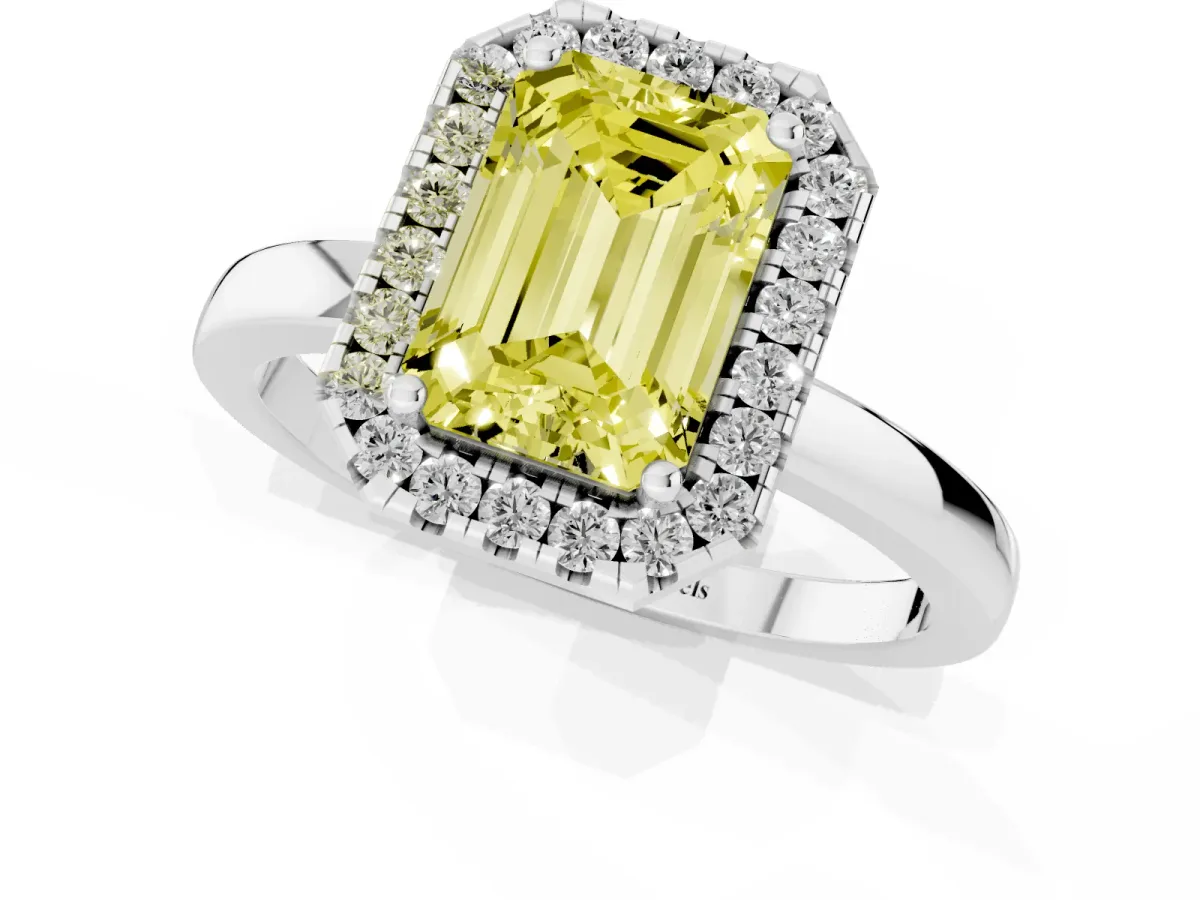 Fancy Yellow Emerald Cut Halo Diamond Solitaire with Pavé Band and Four-Prong Setting Platinum