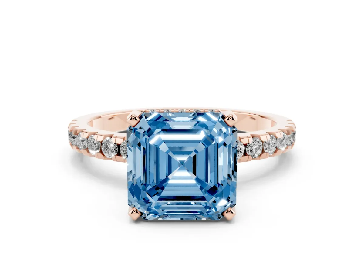 Fancy Blue Asscher Cut Diamond Solitaire Ring with Round Pavé Band and Four-Prong Setting Rose gold