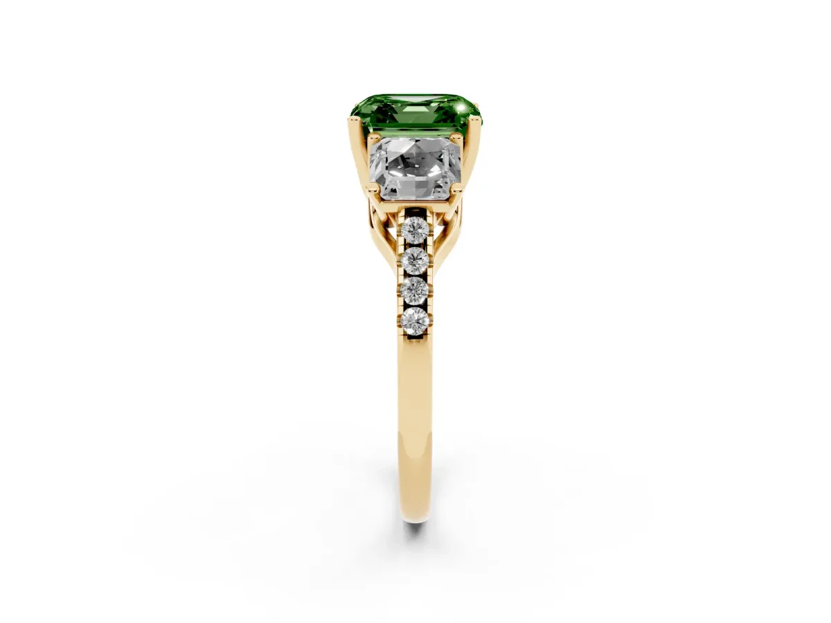 Fancy Green Three-Stone Asscher Cut Diamond Ring with Round Pavé Band and Prong Setting Yellow gold