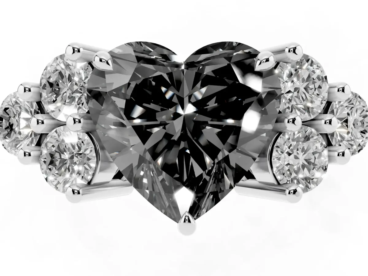 Fancy Black Heart Cut Brilliant Diamond Cluster Accent Solitaire Ring with Prong Setting Platinum