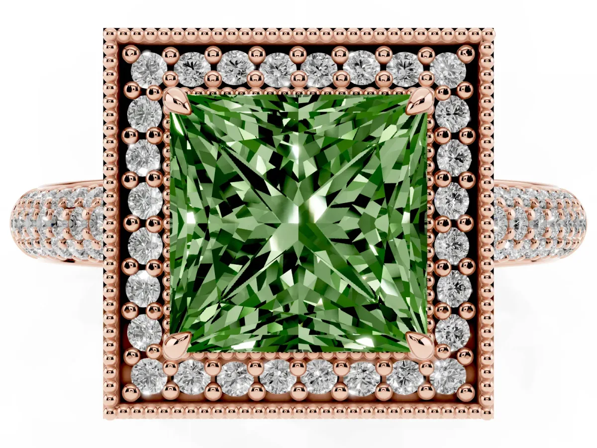 Fancy Green Princess Cut Cut Halo Diamond Pave Band with Four-Prong Setting Rose gold