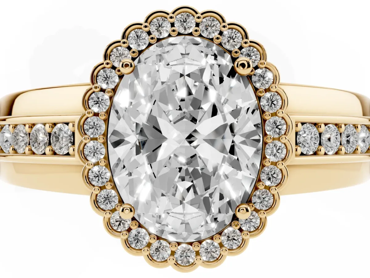 Oval Cut Cut Halo Pave Band Four-Prong Ring Yellow gold