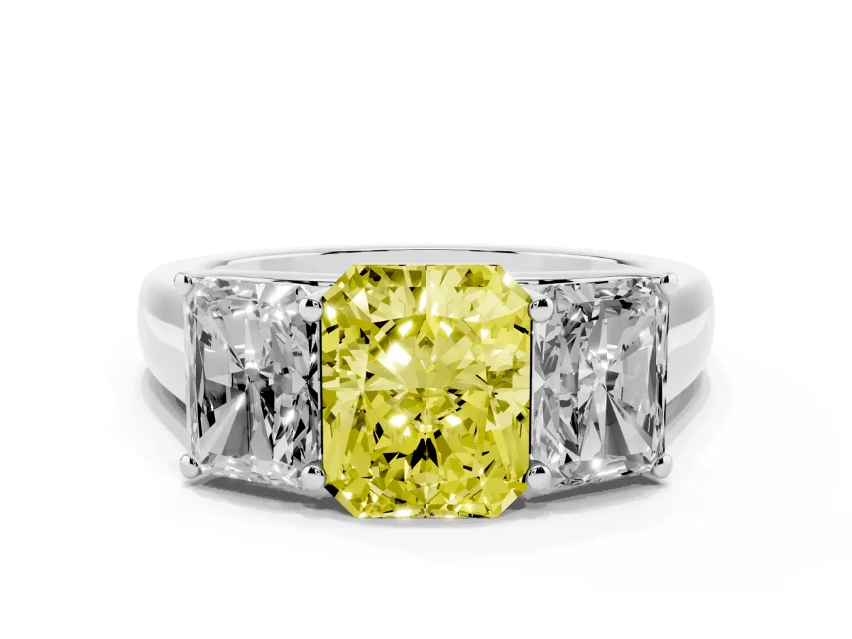 Fancy Yellow Radiant Cut Three-Stone Diamond Ring with Prong Setting on a Classic Band Silver