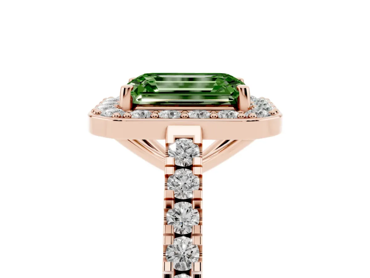 Fancy Green Emerald Cut Diamond Halo Ring with Round Pavé Split Shank and Prong Setting Rose gold