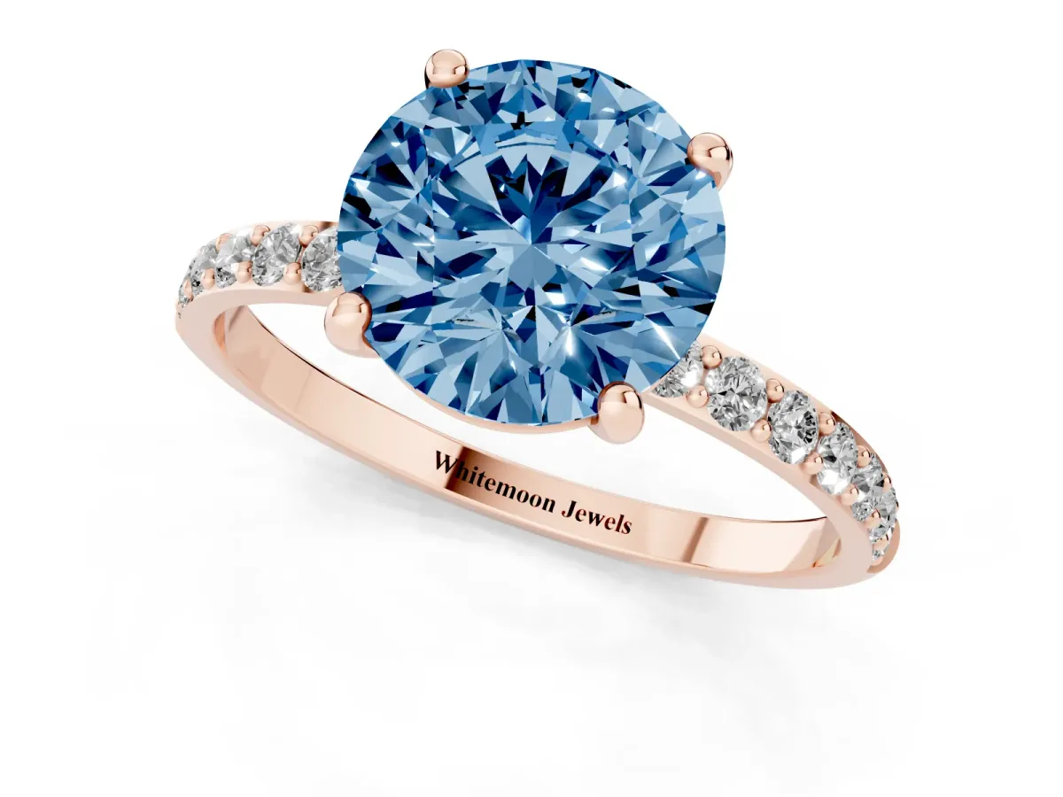 Fancy Blue Round Cut Diamond Solitaire Ring with Round Pavé Band and Prong Setting Rose gold