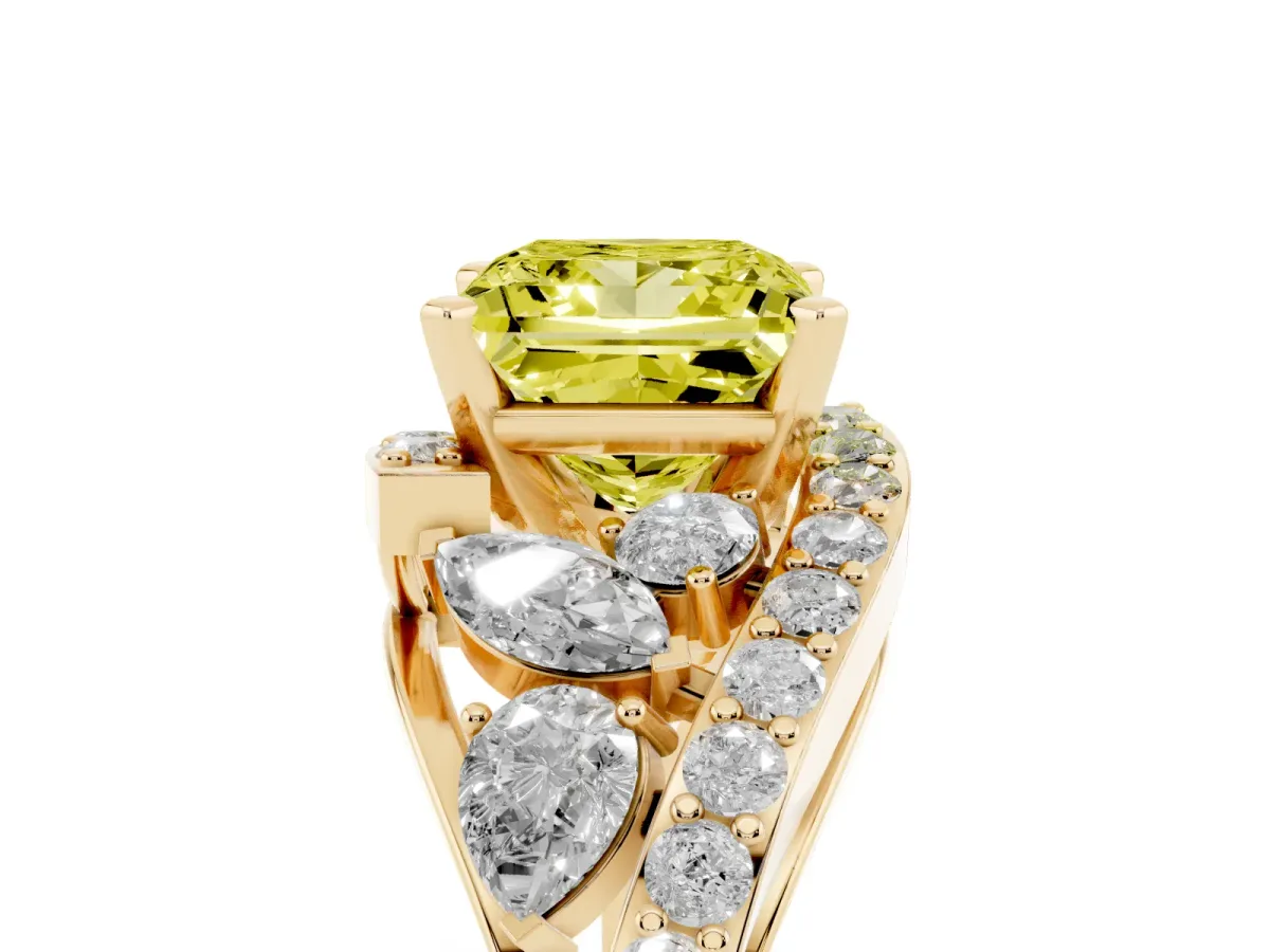 Fancy Yellow Princess Cut Diamond Halo Ring with Marquise and Pavé Band in Prong Setting Yellow gold