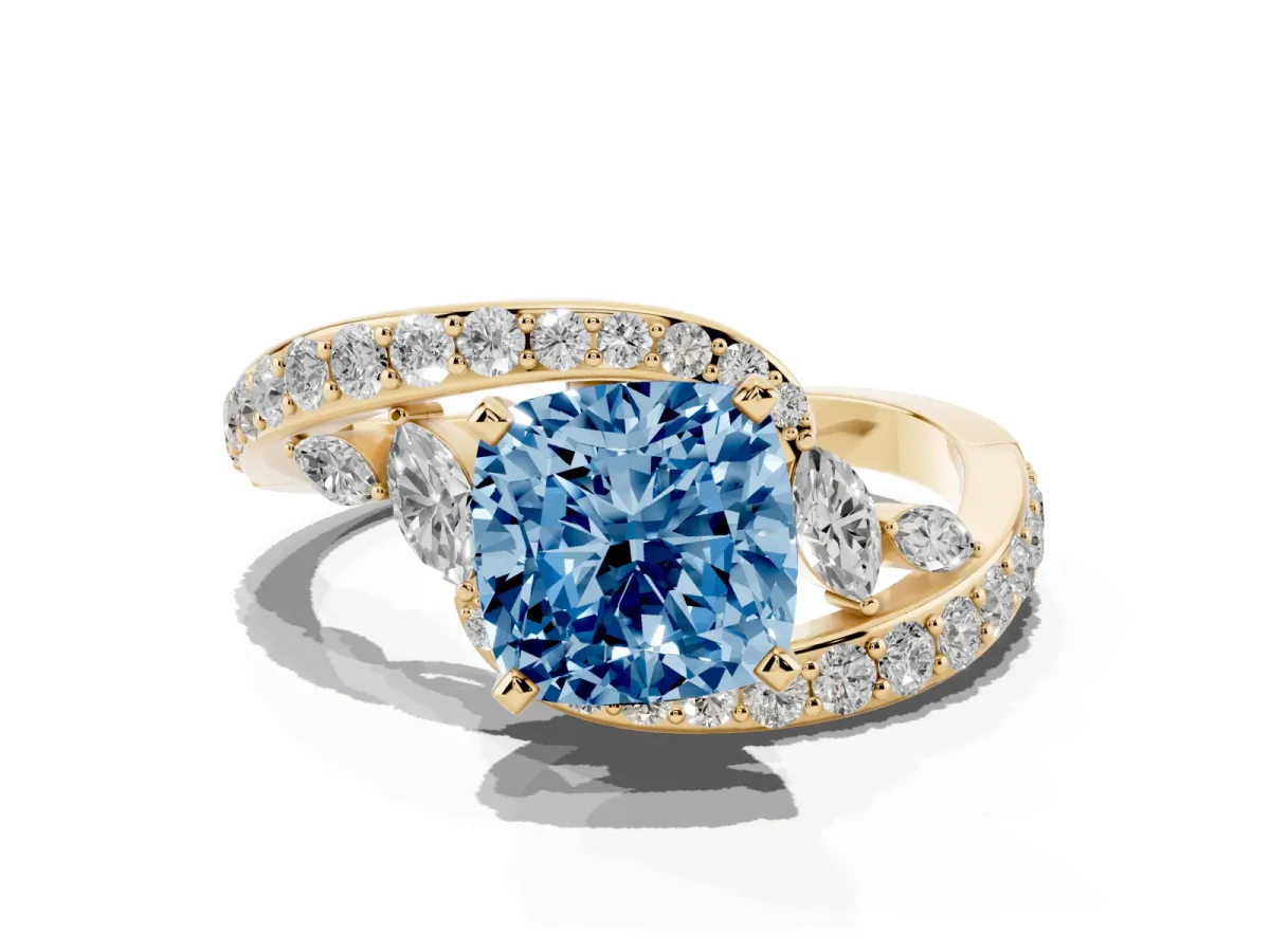 Fancy Blue Cushion Cut Diamond Solitaire Ring with Filigree Band and Four-Prong Setting Yellow gold