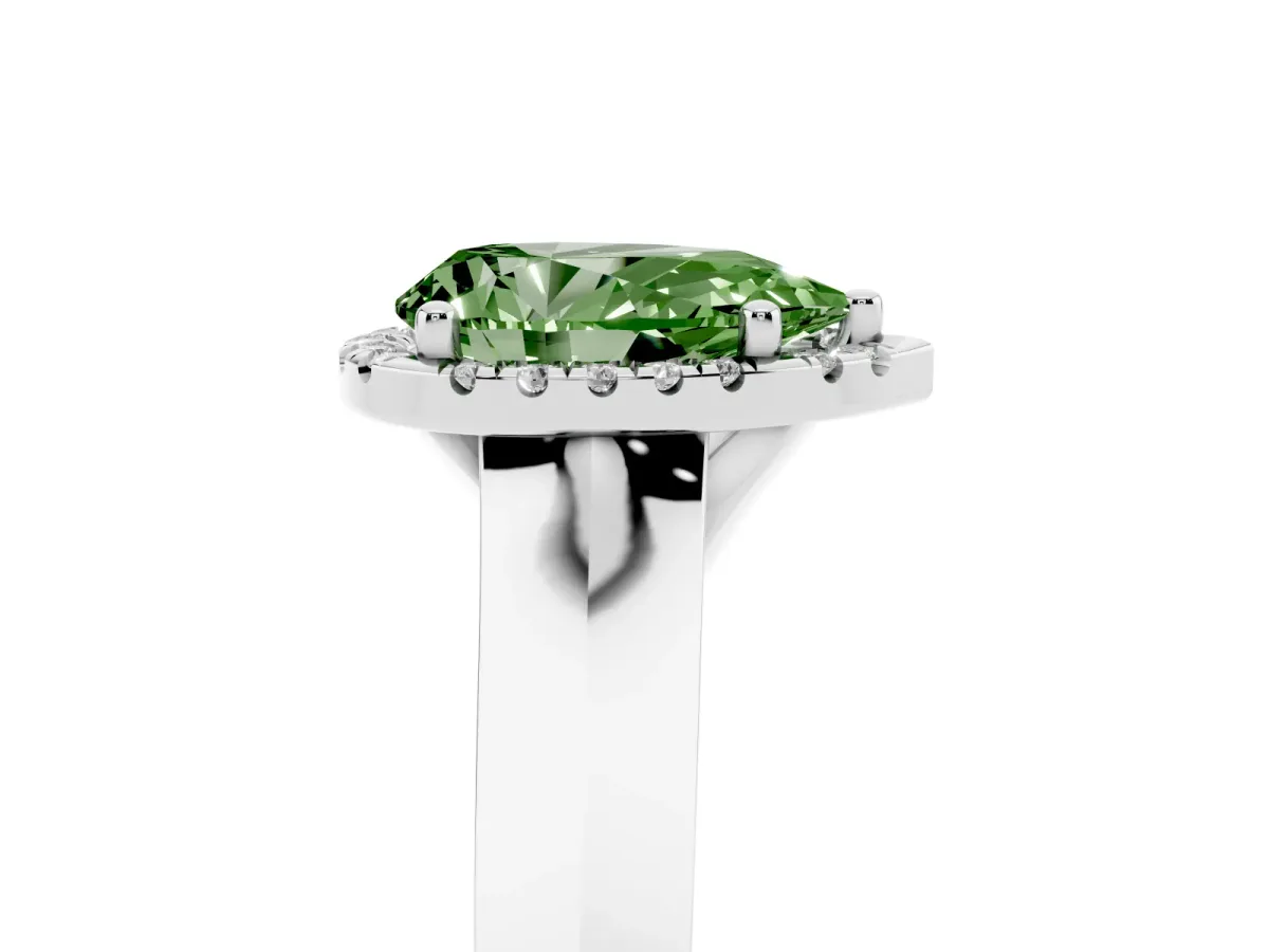 Fancy Green Pear Cut Halo Diamond Ring with Cathedral Band and Four-Prong Setting Silver