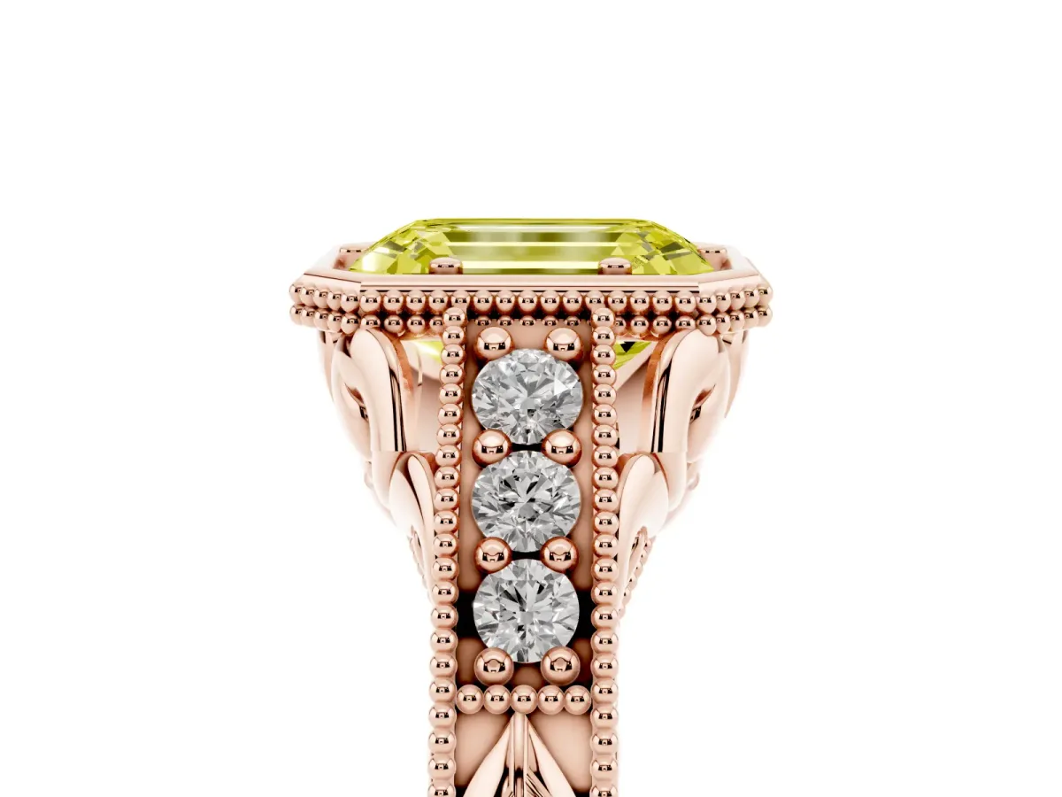 Fancy Yellow Bezel Set Emerald Cut Diamond Milgrain Pave Engagement Ring Rose gold