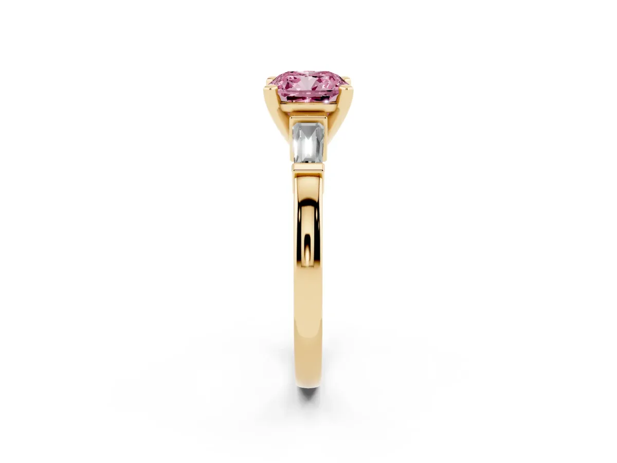 Fancy Pink Cushion Cut Cut Diamond Solitaire Ring with Tapered Baguette Accents and Four-Prong Setting Yellow gold