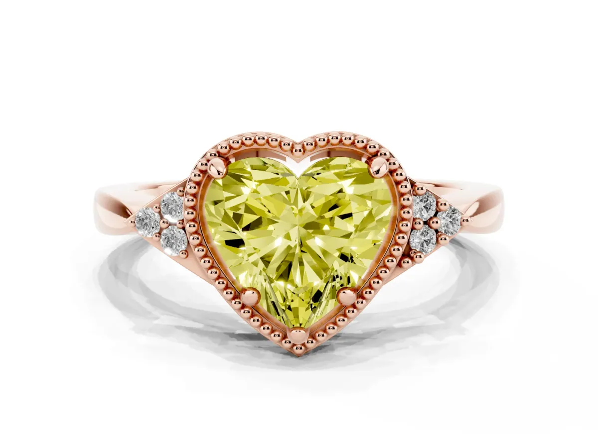 Fancy Yellow Hexagonal Halo Heart Cut Diamond Solitaire with Pavé Band and Four-Prong Setting Rose gold