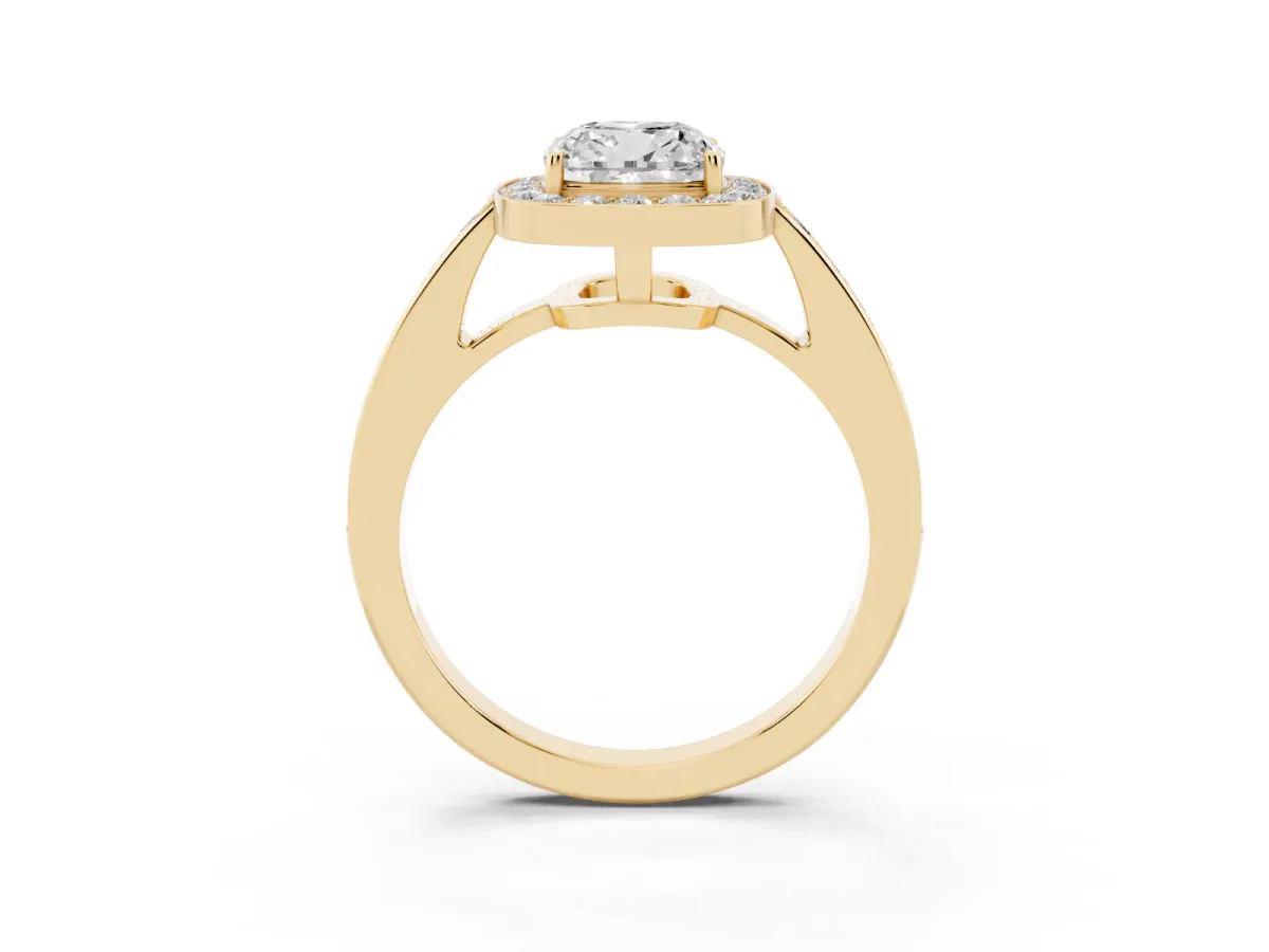 Cushion Cut Halo Pavé Diamond Engagement Ring with Bezel Setting Yellow gold