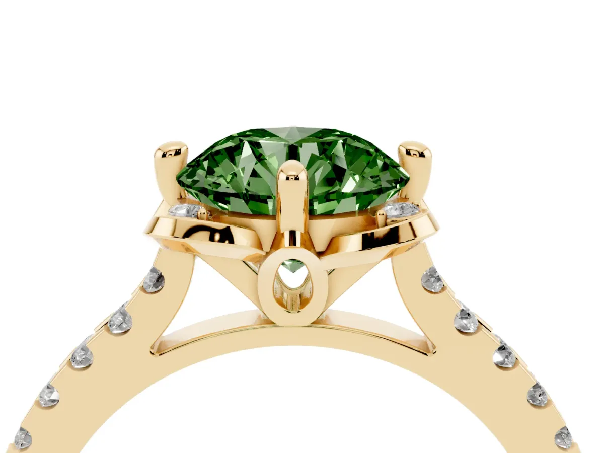 Fancy Green Round Cut Diamond Ring with Pavé Band and Floral Prong Setting Yellow gold