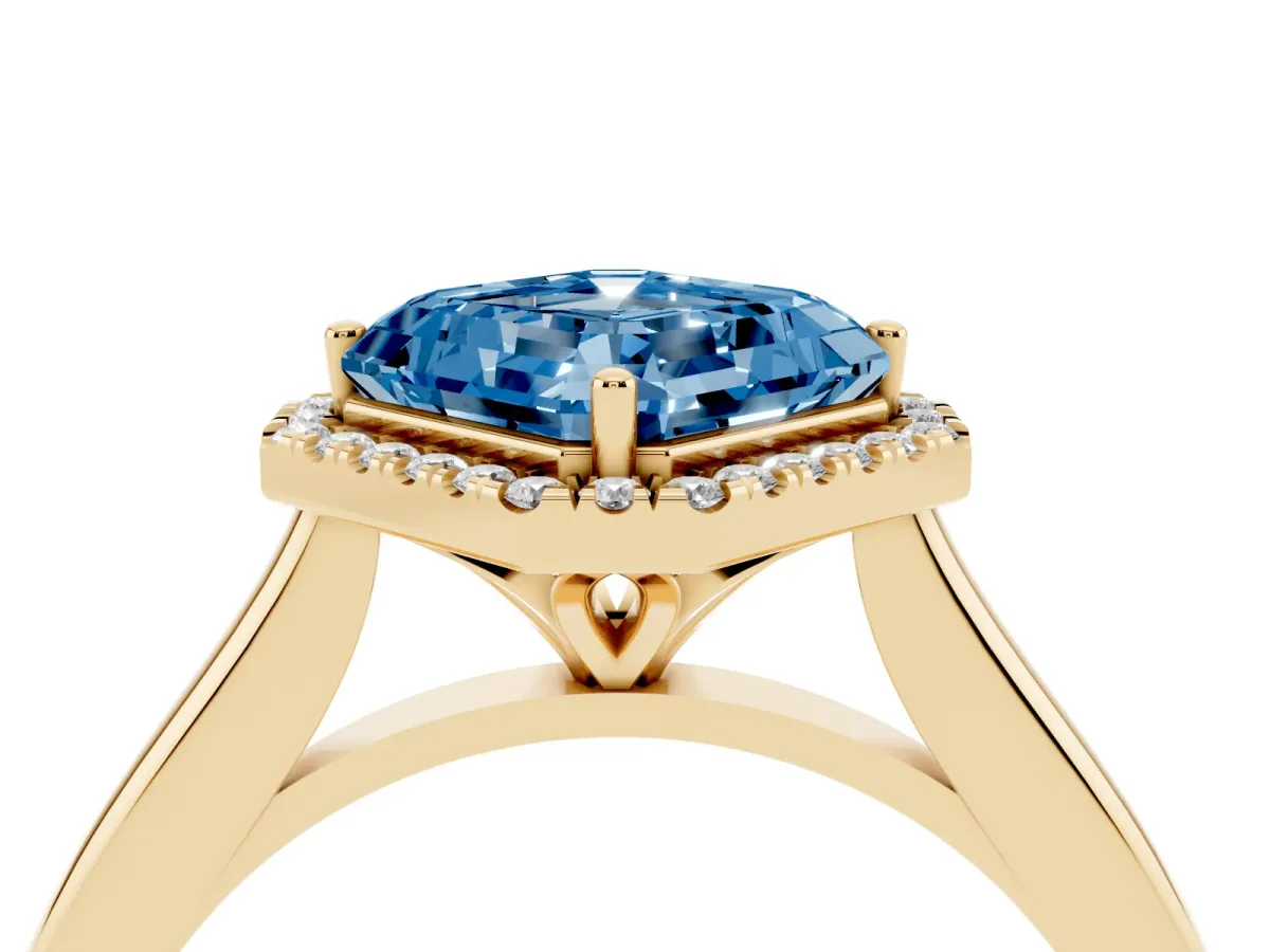 Fancy Blue Asscher Cut Halo Round Diamond Solitaire Engagement Ring with Pave Band and Four-Prong Setting Yellow gold