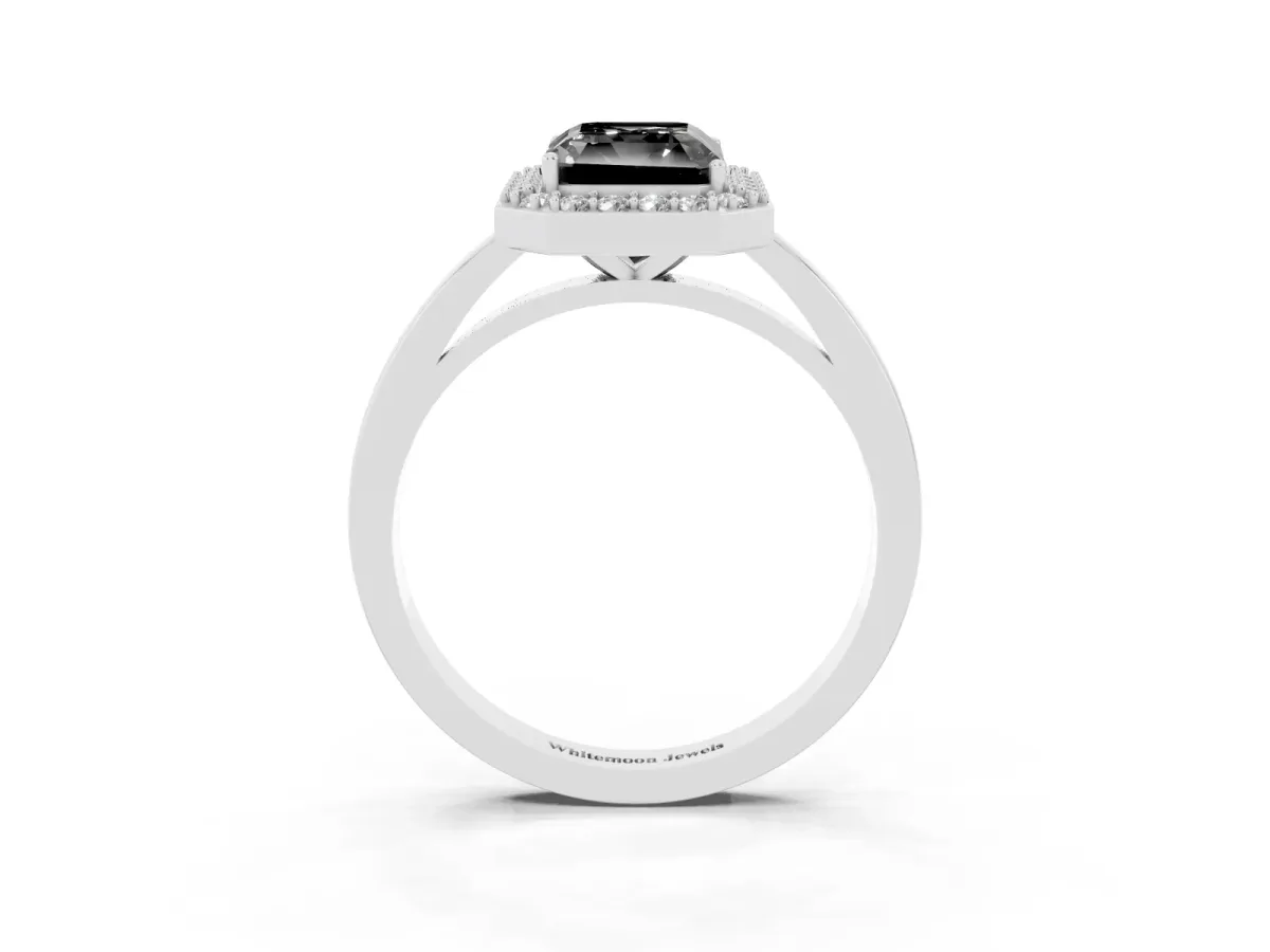Fancy Black Radiant Cut Halo Diamond Ring with Solitaire Band and Prong Setting Platinum