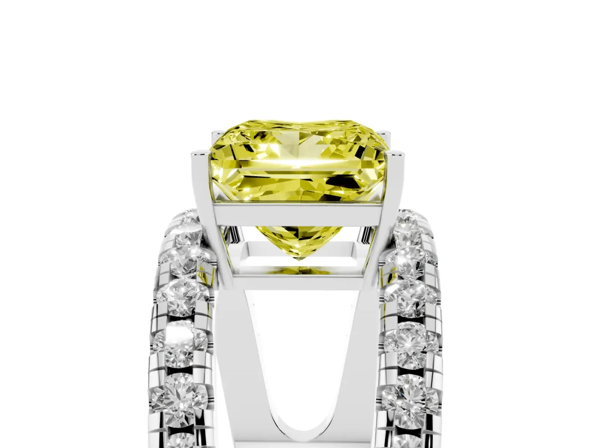 Fancy Yellow Princess Cut Solitaire Split Shank Pave Diamond Ring Silver