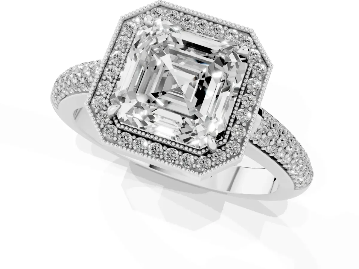 Asscher Cut Cut Halo Diamond Pave Band with Four-Prong Setting White gold