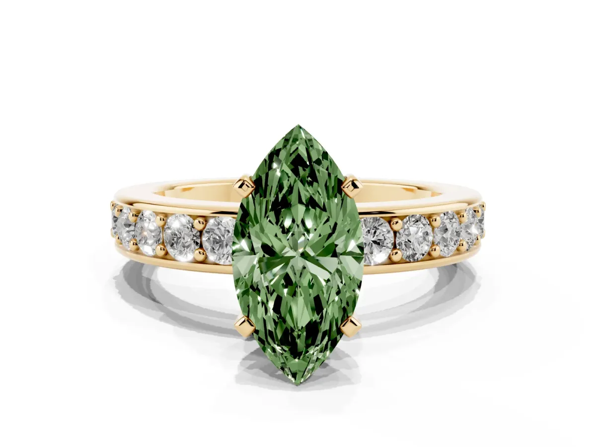 Fancy Green Marquise Cut Diamond Engagement Ring with Channel Set Round Band and Prong Setting Yellow gold