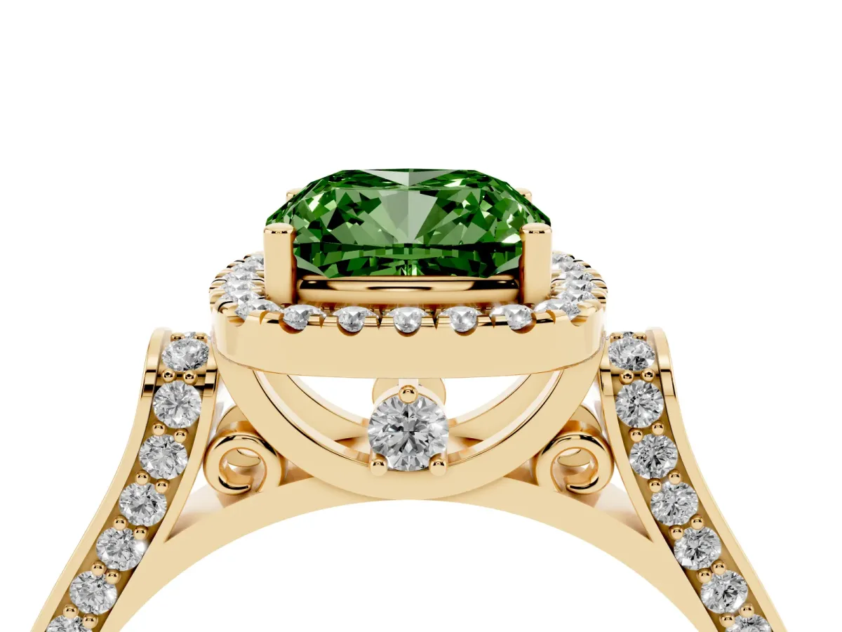Fancy Green Cushion Cut Halo Pave Split Shank Prong Setting Ring Yellow gold