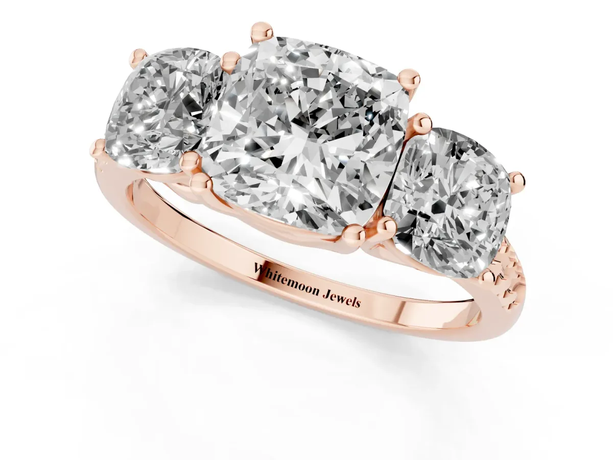 Three-Stone Cushion Cut Diamond Ring with Round Pavé Band and Prong Setting Rose gold