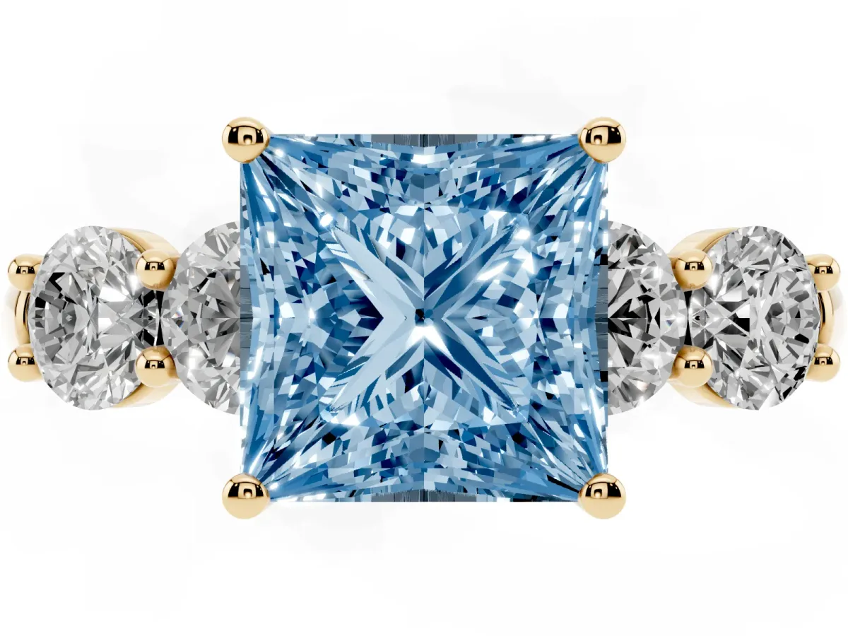 Fancy Blue Princess Cut Cut Five-Stone Prong Set Diamond Ring with Classic Band Yellow gold