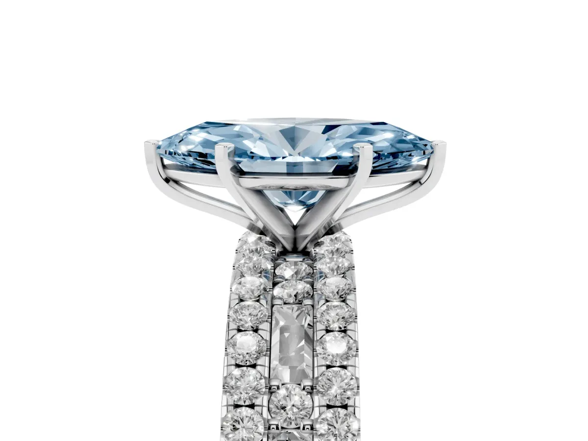 Fancy Blue Marquise Cut Diamond Solitaire Ring with Pavé and Channel Set Band Silver