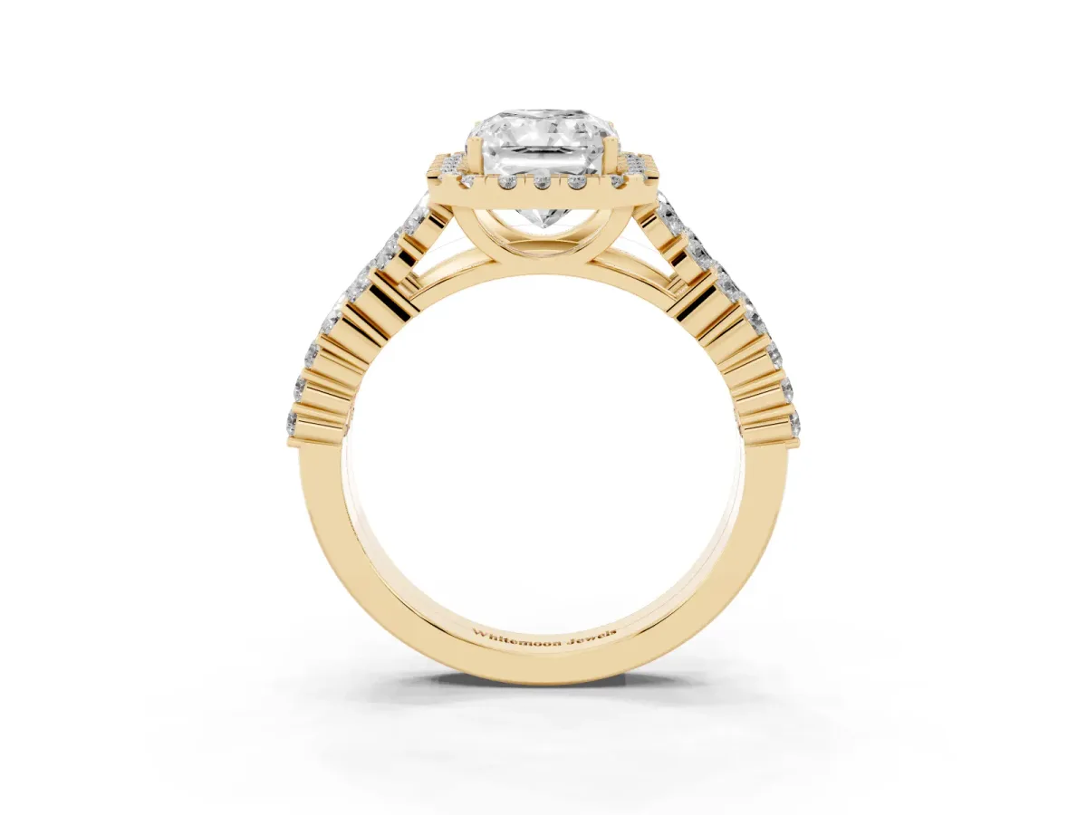 Radiant Cut Diamond Halo Engagement Ring with Triple Row Round Pavé Band and Prong Setting Yellow gold