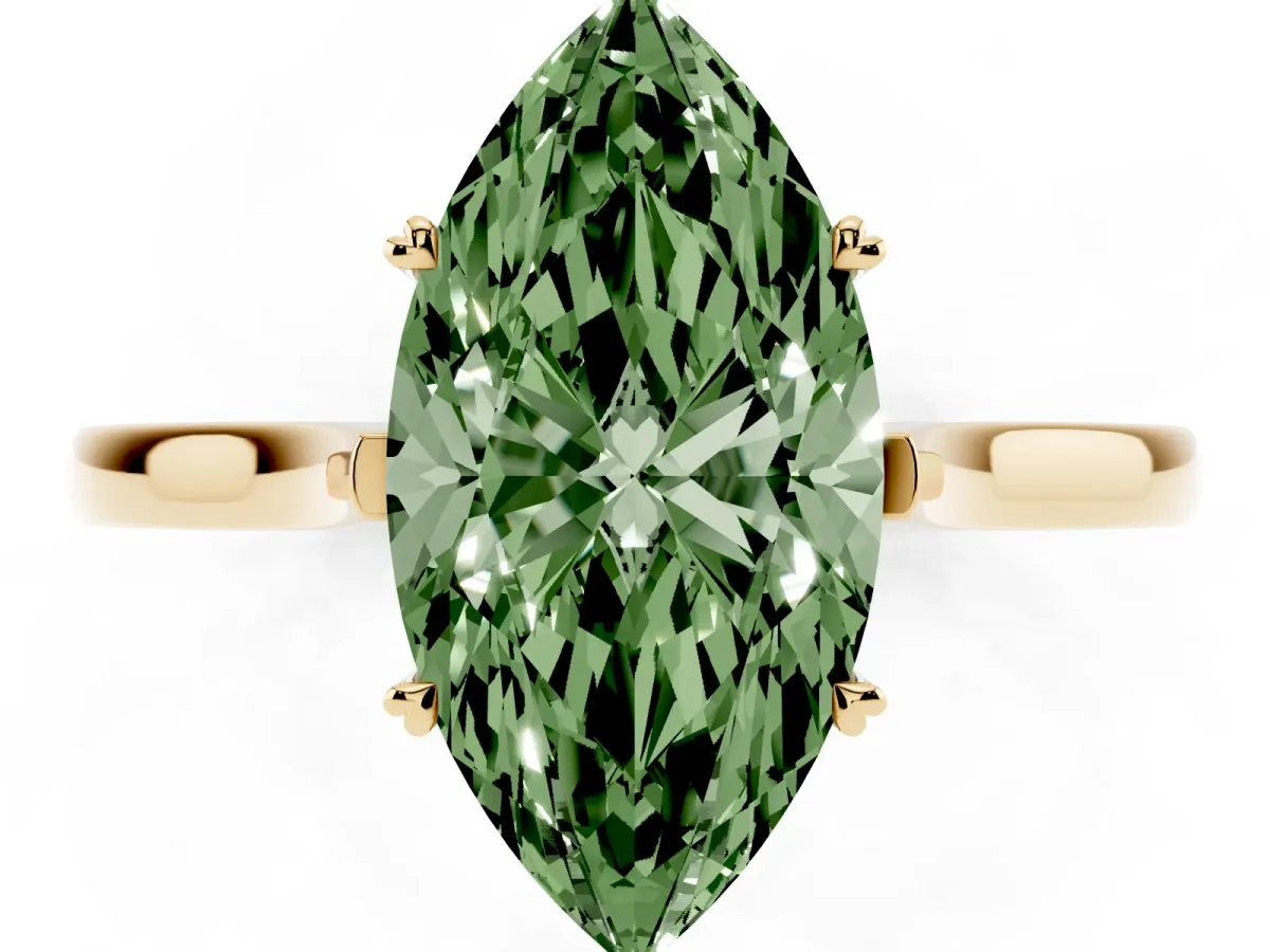 Fancy Green Marquise Cut Solitaire Heart Prong Engagement Ring with Tapered Band Yellow gold