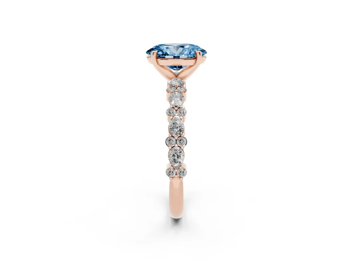 Fancy Blue Oval Cut Diamond Side Stone Solitaire Ring with Round and Four-Prong Setting Rose gold