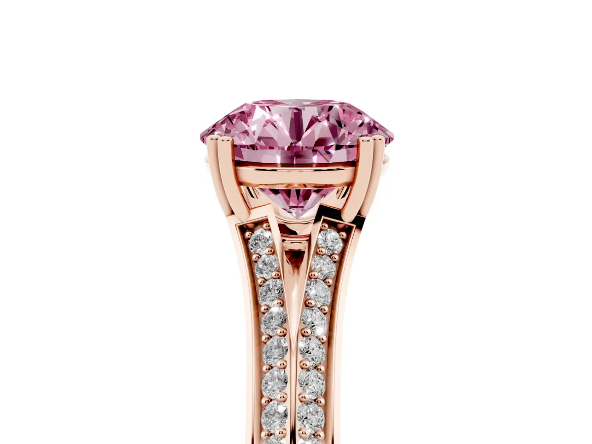 Fancy Pink Round Cut Diamond Split Shank Engagement Ring with Pavé Band Rose gold