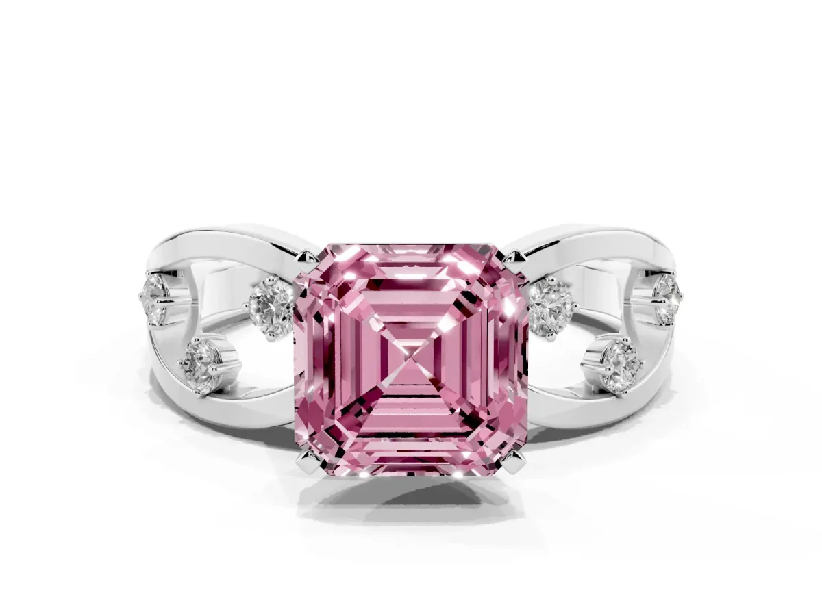 Fancy Pink Asscher Cut Cut Solitaire Diamond with Side Stones on Criss-Cross Band and Four-Prong Setting Platinum