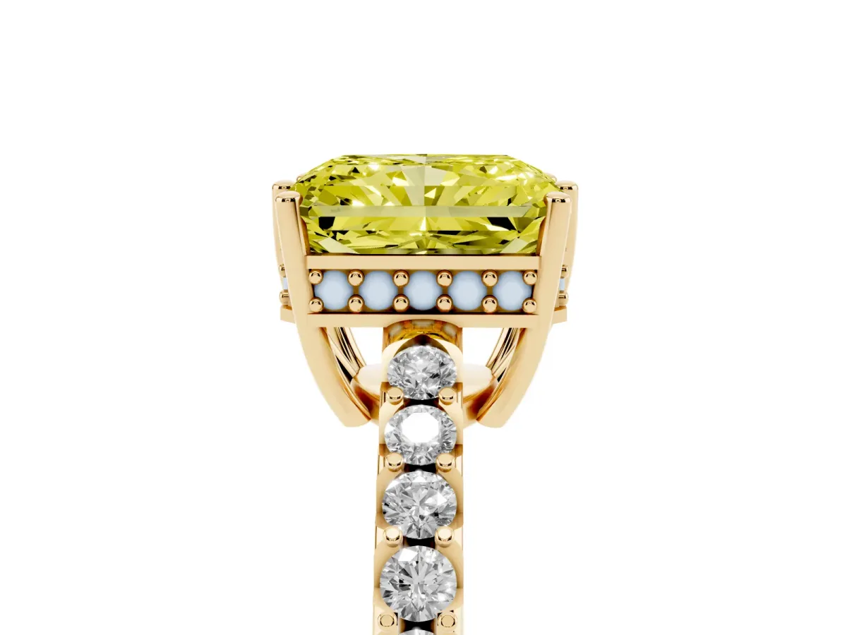 Fancy Yellow Radiant Cut Solitaire Diamond Engagement Ring with Pavé Band and Six-Prong Setting Yellow gold