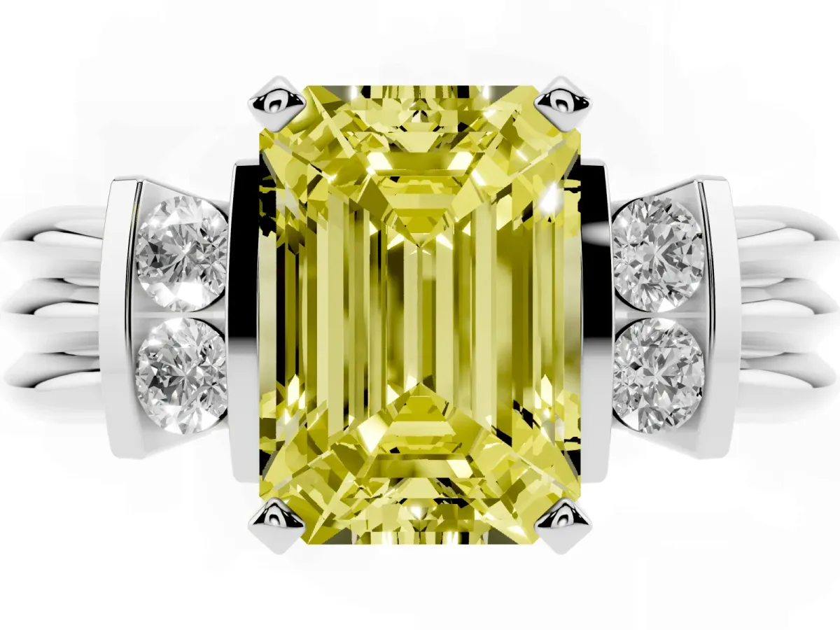 Fancy Yellow Emerald Cut Cut Three-Stone Channel Set Ring with Bar Prongs Platinum