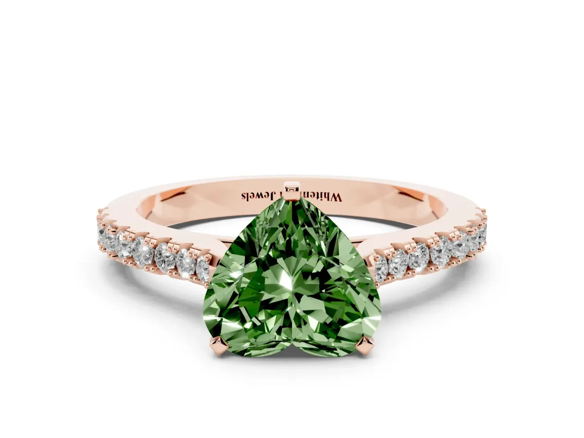 Fancy Green Heart Cut Cut Solitaire Diamond Engagement Ring with Pave Band and Four-Prong Setting Rose gold