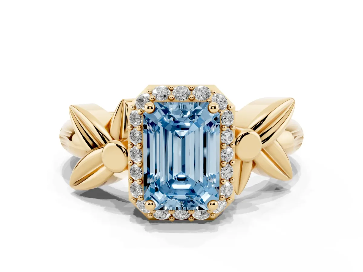Fancy Blue Emerald Cut Halo Diamond Floral Band with Four-Prong Setting Yellow gold