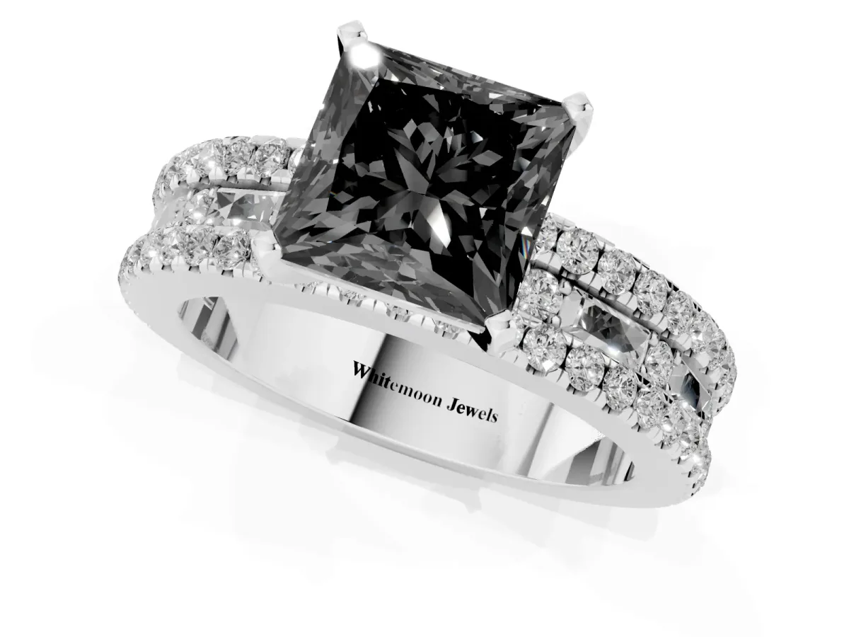 Fancy Black Princess Cut Diamond Solitaire Ring with Pavé and Channel Set Band Silver