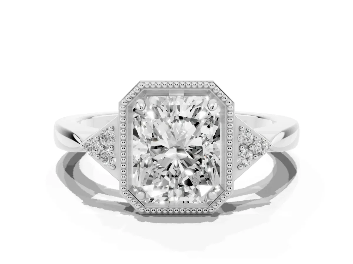 Radiant Cut Diamond Halo Ring with Tapered Band and Four-Prong Setting White gold