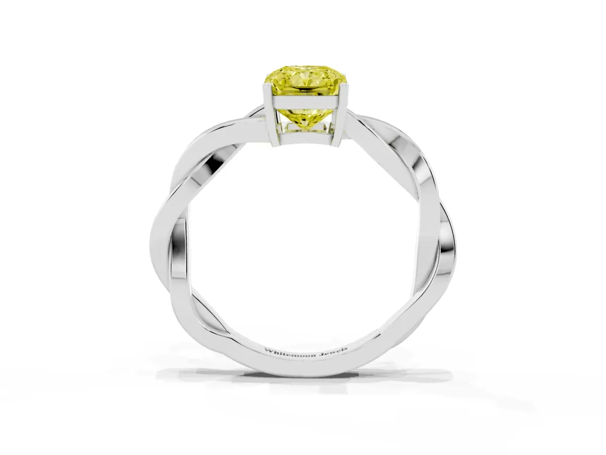 Fancy Yellow Radiant Cut Solitaire Twisted Pave Diamond Ring with Four-Prong Setting Silver