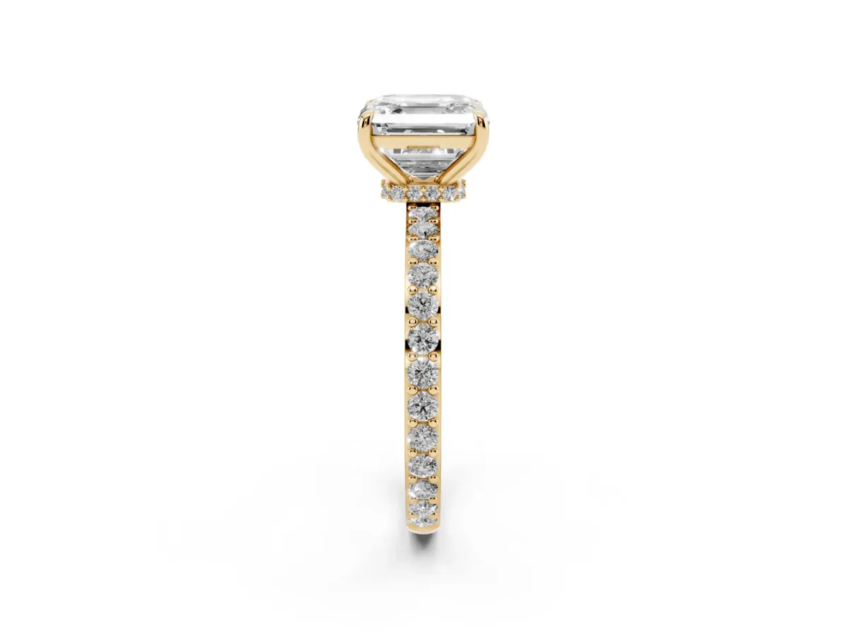 Asscher Cut Diamond Solitaire Engagement Ring with Pavé Band and Four-Prong Setting Yellow gold