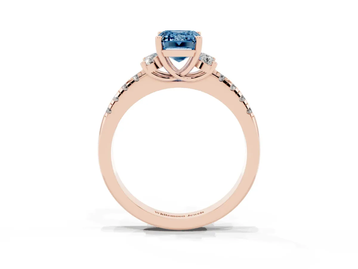 Fancy Blue Emerald Cut Diamond Three-Stone Pave Band with Four-Prong Setting Rose gold