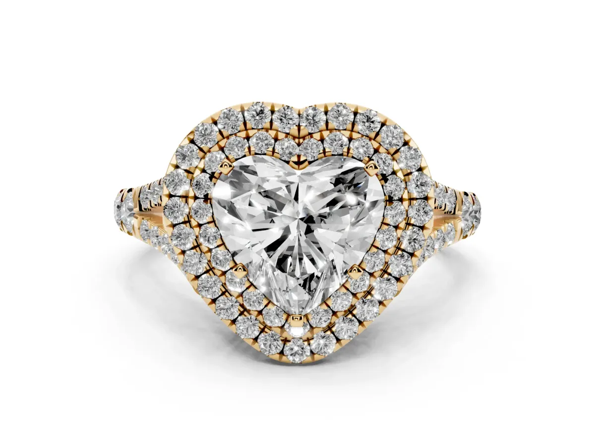 Heart Cut Cut Double Halo Split Shank Diamond Ring with Prong Setting Yellow gold