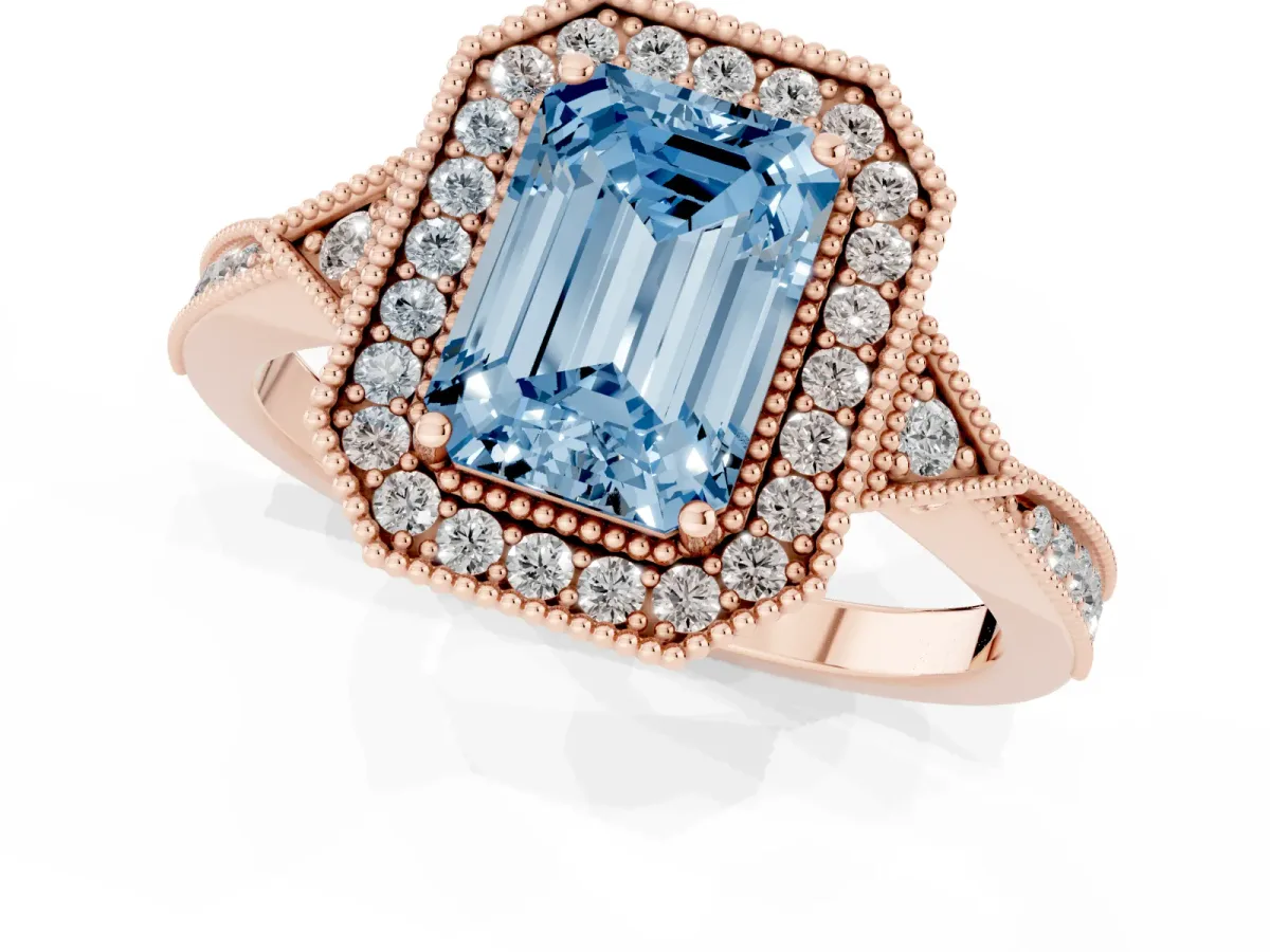Fancy Blue Emerald Cut Halo Round Diamond Milgrain Pave Engagement Ring Rose gold