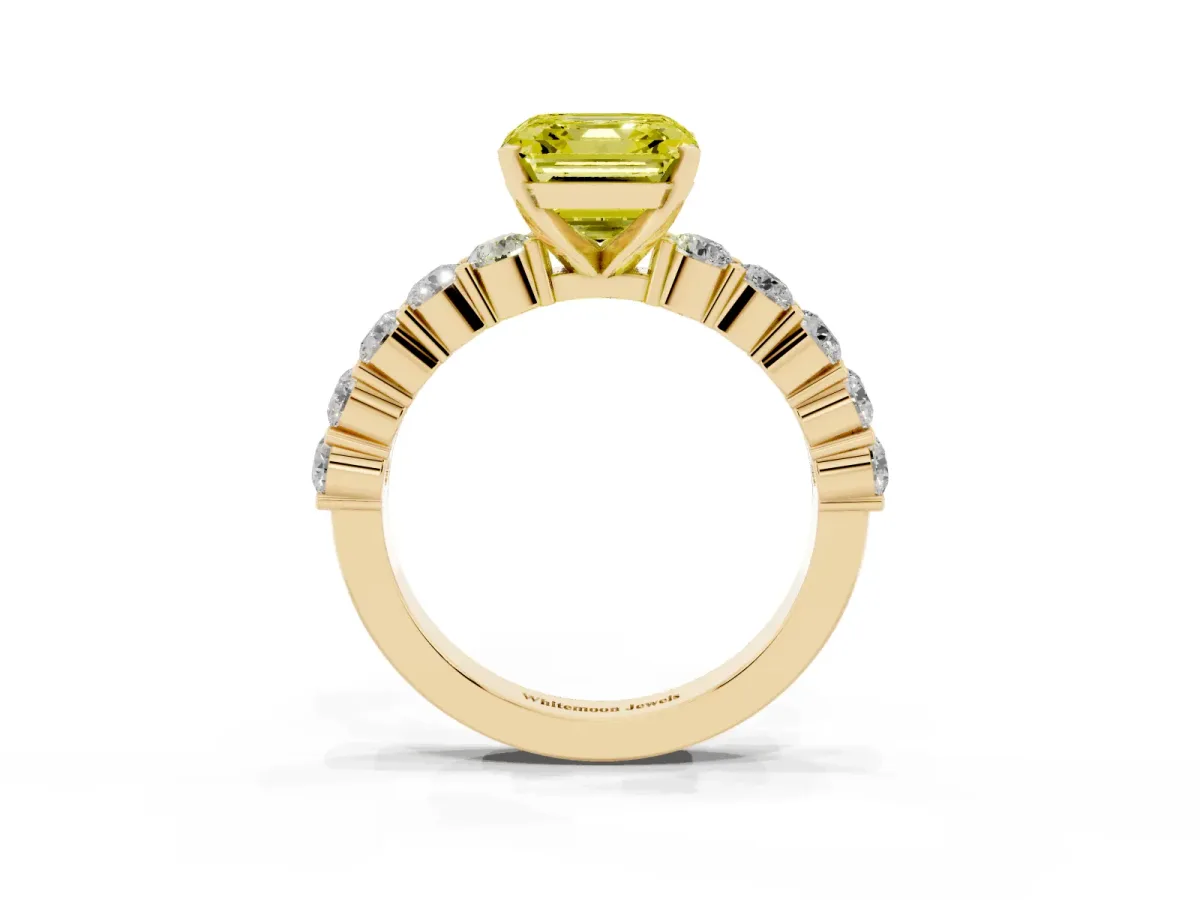 Fancy Yellow Asscher Cut Diamond Solitaire Ring with Shared Prong Round Side Stones Yellow gold