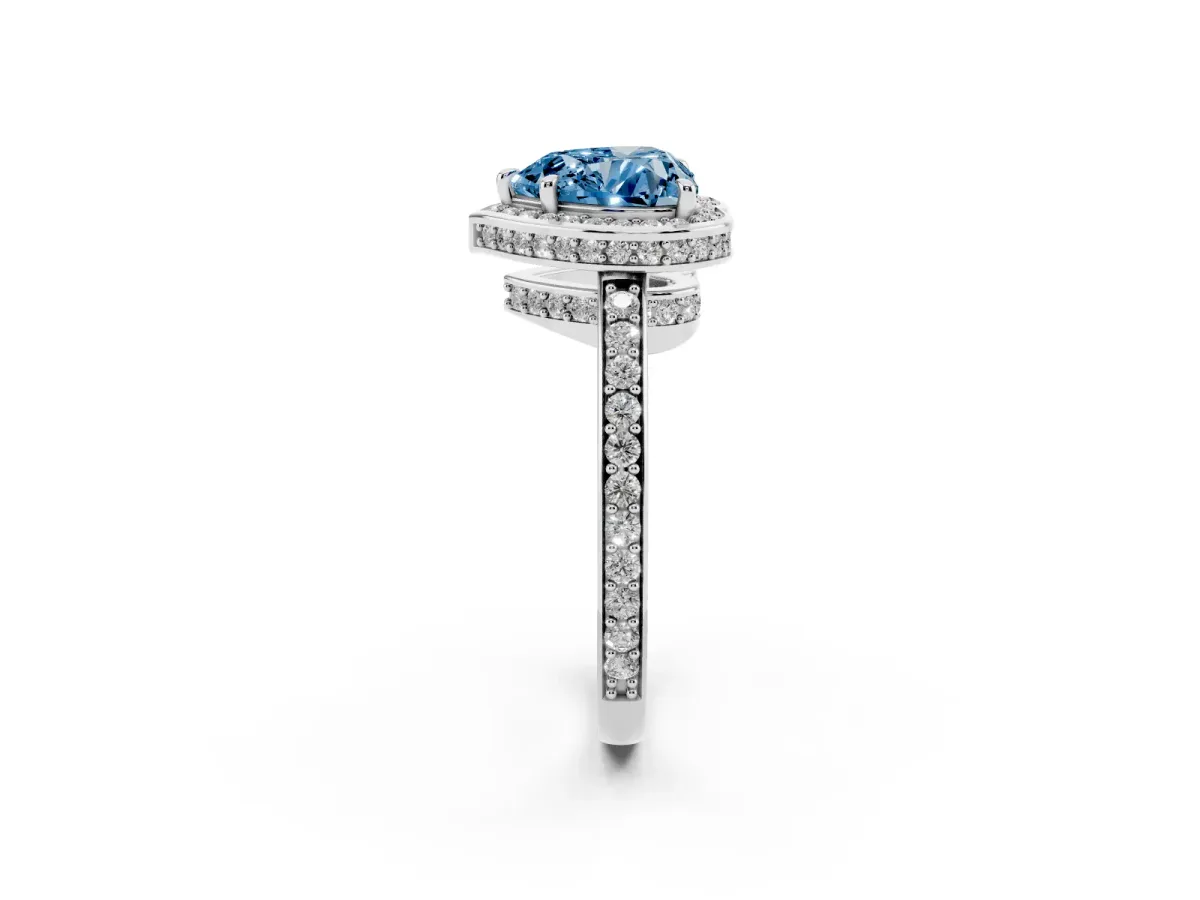 Fancy Blue Heart Cut Halo Pave Band Solitaire Ring with Prong Setting Silver