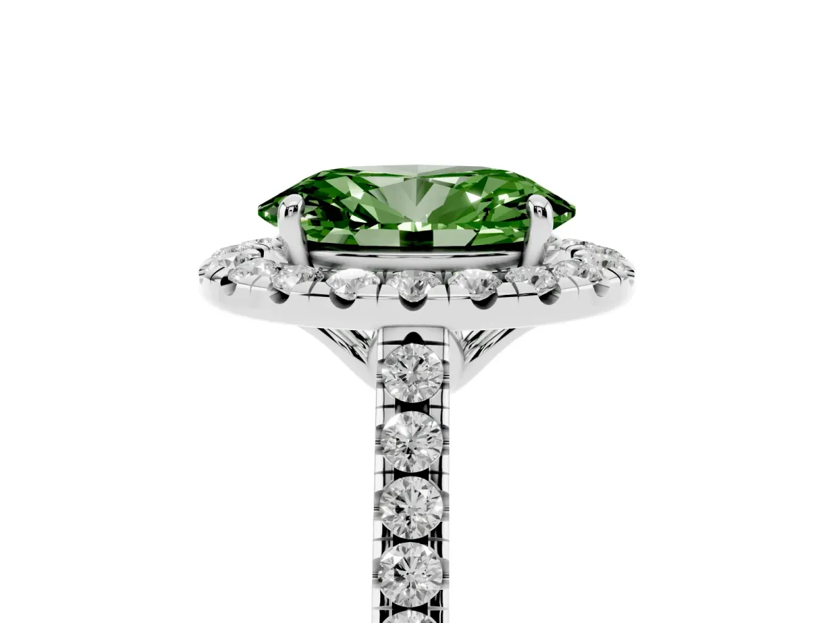 Fancy Green Oval Cut Halo Pavé Diamond Engagement Ring with Four-Prong Setting Silver