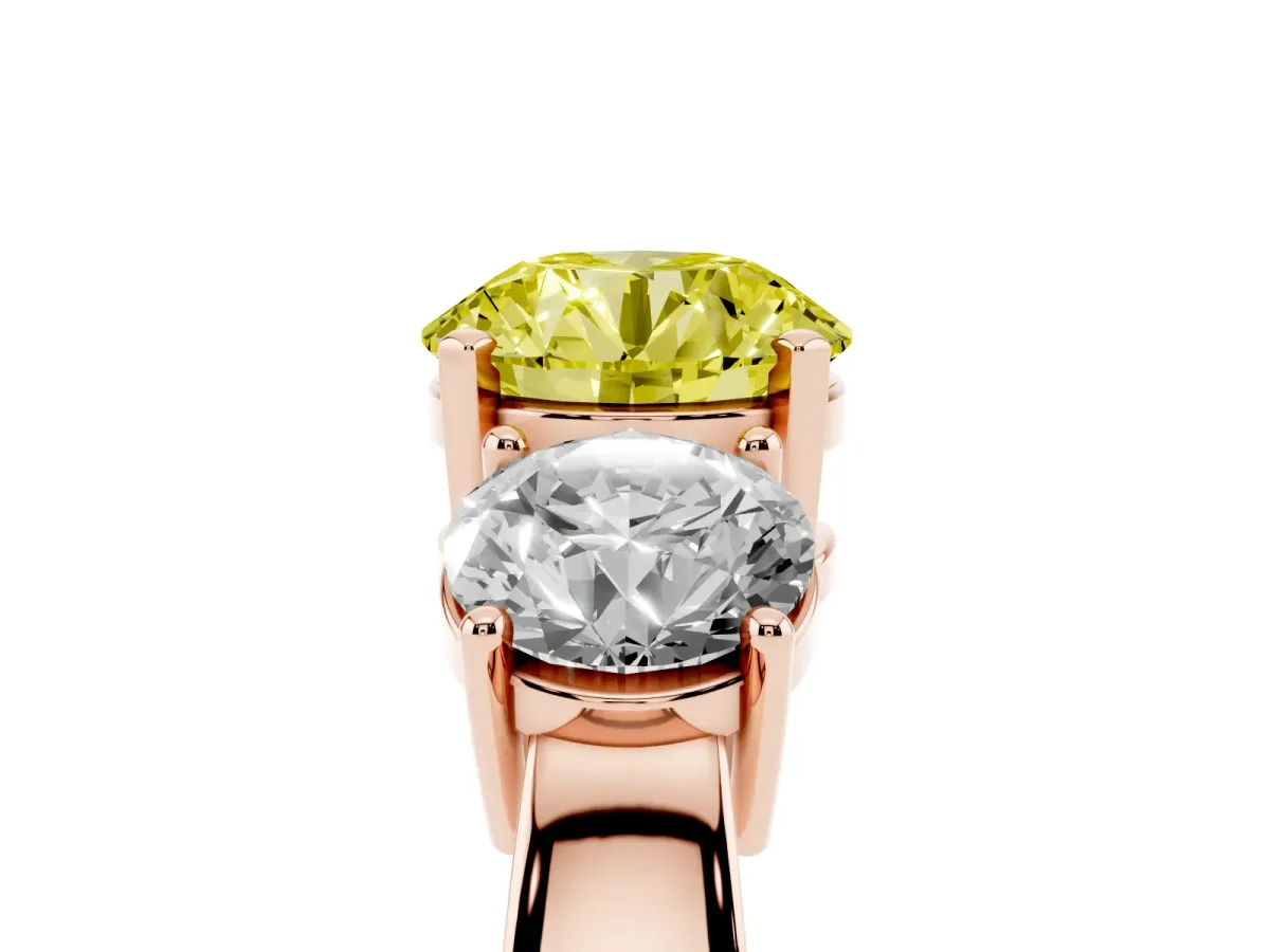 Fancy Yellow Three-Stone Round Cut Diamond Ring with Round Side Stones, Classic Band, and Four-Prong Setting Rose gold