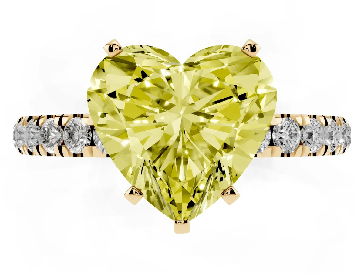 Fancy Yellow Heart Cut Diamond Solitaire Ring with Pavé Accents and Four-Prong Setting Yellow gold