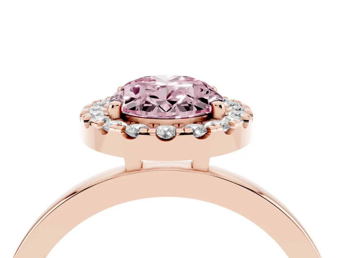 Fancy Pink Oval Cut Halo Diamond Solitaire with Pavé Band and Four-Prong Setting Rose gold