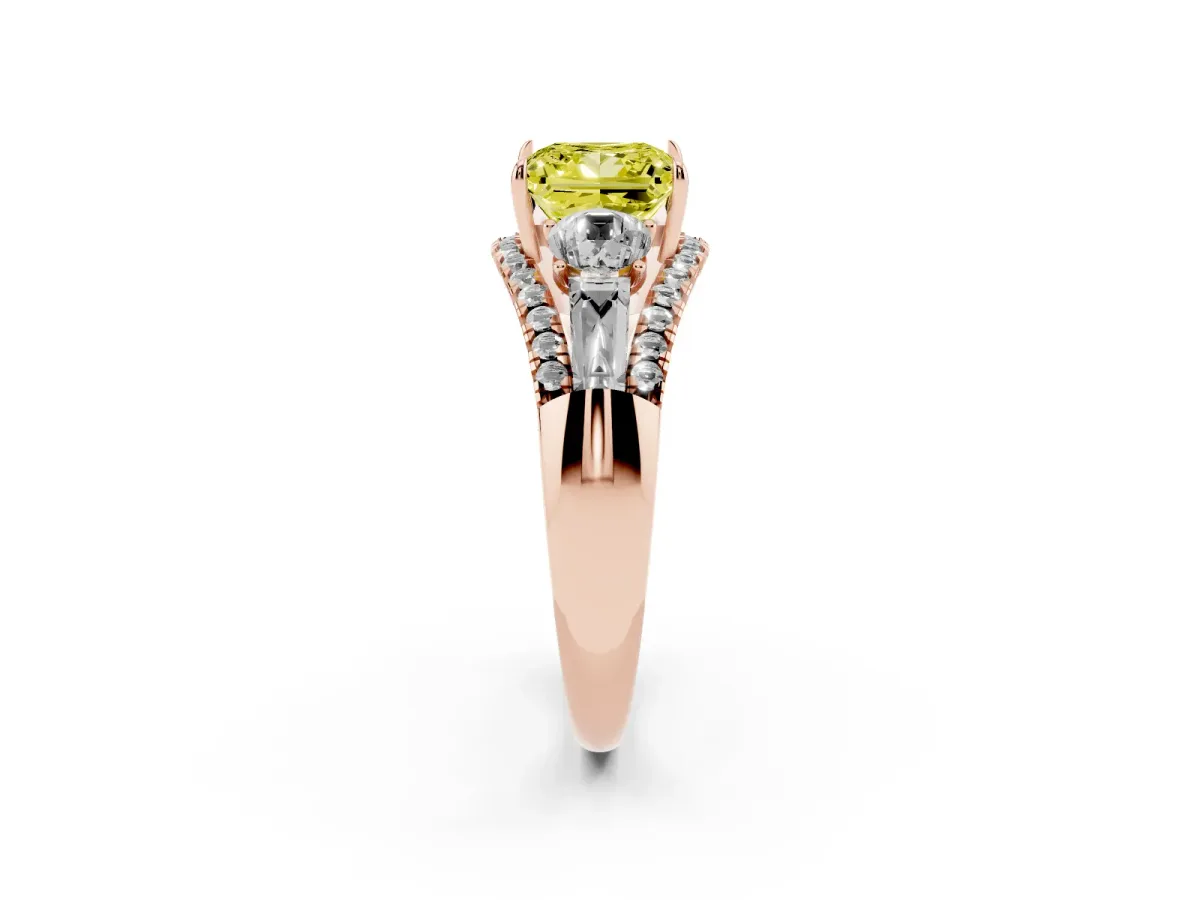 Fancy Yellow Three-Stone Princess Cut Diamond Engagement Ring with Pave Band and Prong Setting Rose gold
